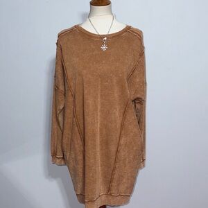 POL Textured Oversized Sweatshirt Dress in Warm Caramel